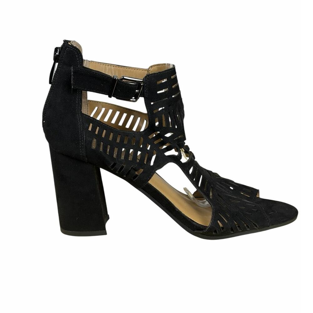Franco Sarto Maggie Black Faux Suede Cutout Peep Toe Sandals Size 8M